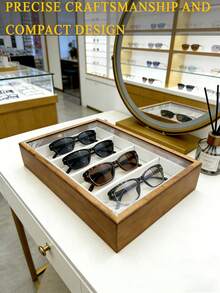 1 pieza Caja organizadora de gafas de moda con 4 ranuras, estuche de almacenamiento de gafas de madera con tapa de acrílico transparente, caja de almacenamiento de gafas, soporte para gafas con forro de terciopelo, estuche de exhibición a prueba de polvo para tocador, armario, tocador, organización del hogar, regalos para hombres, regalos para mujeres, decoración de dormitorio, vuelta a la escuela - Multicolor - Ver 11