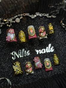 10 Peças Unhas Postiças Curtas Estilo Duck Totalmente Cobertas Feitas à Mão, Unhas Douradas, Estilo Y2K Deslumbrante e Elegante, Unhas Falsas Removíveis e Reutilizáveis com Cola de Gelatina e Lixa de Unha, Adequadas para Casamento, Banquete, Encontro no Jardim, Festa de Aniversário, Estilo Diário - Dourado - Visão 3