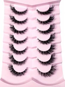 New 7 Pairs Short Natural Soft Fluffy False Eyelashes, Criss-Cross Faux Mink Lashes, 3D Cat Eye Design With Transparent Band, Suitable For Beginners And Daily Wear - 眼尾拉長款 - 查看 3