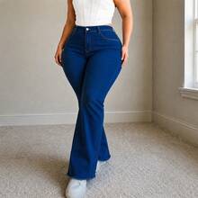 Plus Size High Waist Flare Jeans, High Elasticity Light Blue Denim Pants, Slim Fit Flare Leg With Frayed Hem Design, Casual Pants Fall - Royal Blue - View 6