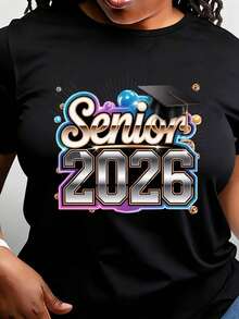 Vintage 2026 Graduation T-Shirt, Round Neck, Short Sleeves. Comfortable And , Perfect For School Events And Everyday Wear. - 黑色 - 查看 1