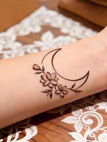 1 Pc Y2K Minimal Henna-Style Crescent Moon & Floral Simple Temporary Tattoo, Waterproof Fake Tattoo, Mystical Body Art For Wrist & Forearm - Black - View 3