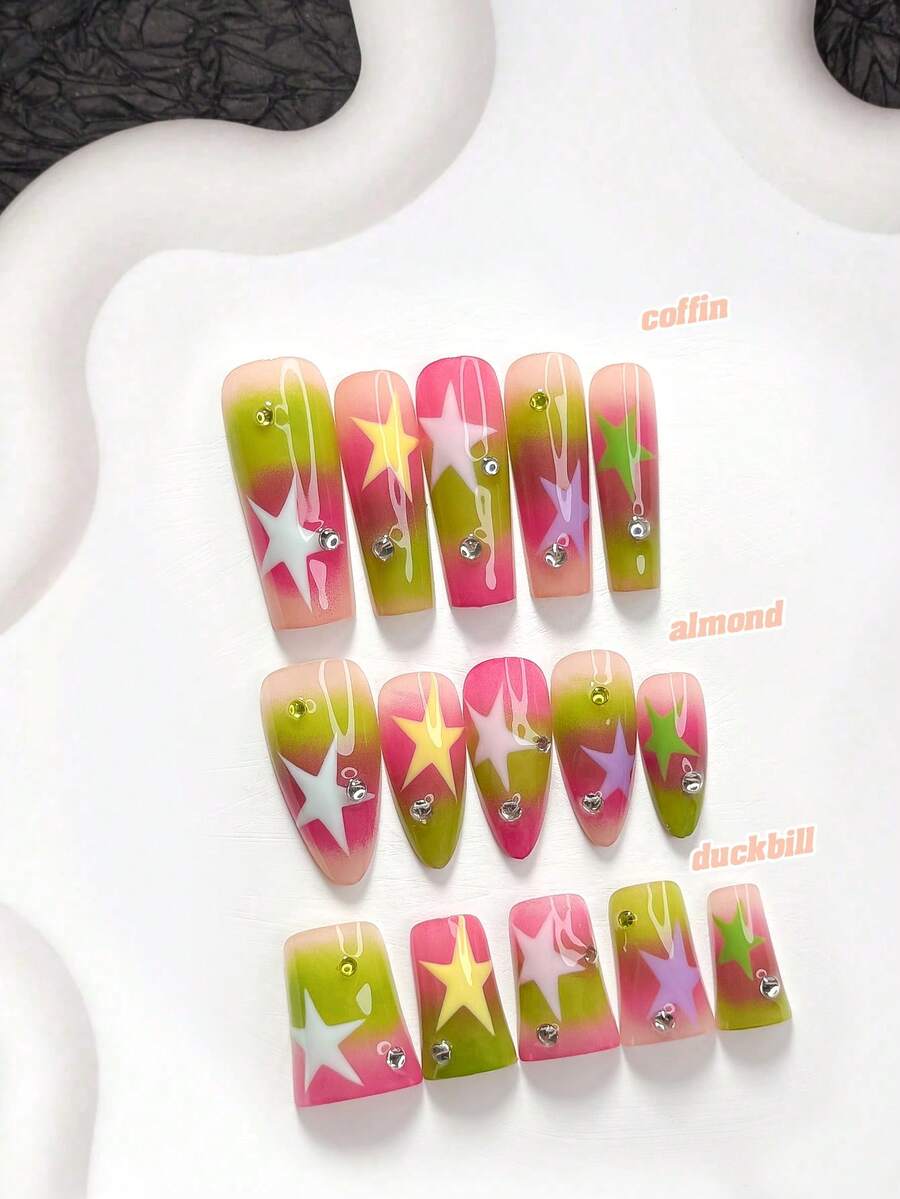 10pcs Summer Style Handmade Press-On Nails, Polygel Nail Art Set, Star & Rhinestone Decor, White, Yellow, Purple, Green Nail Polish, Dopamine Style, Includes Nail Tools, 3 Sizes Available, Almond, Duck, Coffin Shape, Suitable For Party, Dancing, Daily Wear - 彩色 - 查看 1