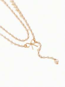 1pc Elegant Y-Shaped Beaded Bow Pendant Necklace, Minimalist Clavicle Chain Accessory For Girl - one-size - View 5