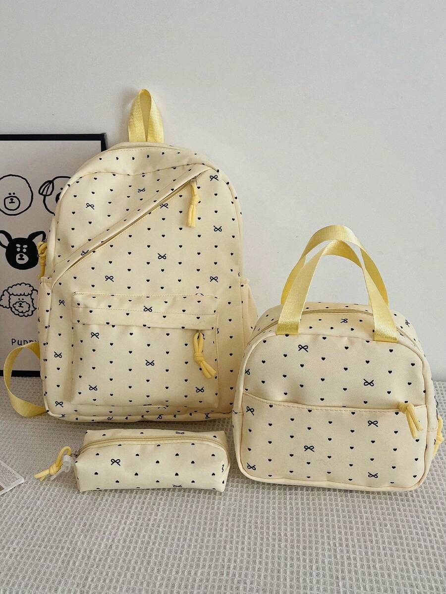 3-Piece Nylon Bow & Heart Print Backpack Set, Foldable Multi-Pocket Large Capacity Zipper Backpack, Suitable For Teens And High School Students