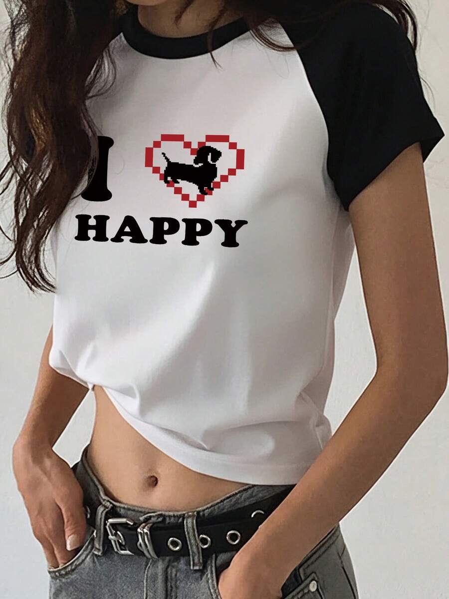 Women's Raglan Sleeve Dachshund Heart Print Cropped T-Shirt, Sexy Slim Fit Short Sleeve Contrast Color Raglan Sleeve Letter Print T-Shirt Summer - Black and White - View 1