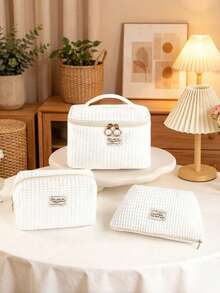1 pieza/3 piezas Bolsa de maquillaje con diseño de gofre, bolsa de aseo de viaje para mujer, bolsa de almacenamiento de cosméticos de gran capacidad, bolsa de cuidado de la piel portátil, el amor hace que el mundo gire - Blanco - Ver 14