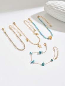 4 piezas Tobilleras de cadena con colgante de estrella de mar y concha de aleación de zinc versátil vintage con cristales de strass para mujer, uso diario & vacaciones - Verde - Ver 4