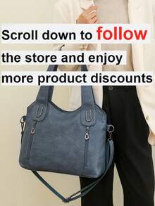 Fashionable Solid Color Leather Handbag, Vintage PU Crossbody Hobo Bag, Large Capacity Women's Shoulder Bag For Daily Travel & Work, Front & Back Zipper Pockets, New Arrival Tote Bags For Woman - Blue - View 2