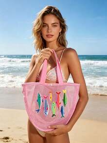 Multicolor Beach Sardine Pattern Multifunctional Zipper Tote Bag, Gift For Her/Him, Shell Bag, Conch Mesh Bag, Beach Bag, Conch Collection Mesh Bag, Shell Mesh Bag, Conch Tote Bag, Transparent Pencil Case, Tear-Resistant Transparent Bag, Office/School Travel Bag, Jewelry/Electronics Small Zipper Bag, Beach/Pool/Gym Wet/Dry Bag, Mesh Storage For Sand Toys And Shells, Graduation Gift, Birthday/Anniversary/Wedding/Holiday - Multicolor - View 5