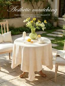 1pc Tablecloth With Scalloped Lace Trim, Polyester Fabric, Pale Yellow Floral Pattern, Rectangular/Square Tablecloth, Suitable For Dining Room And Living Room Table Decor - Light Yellow - View 9