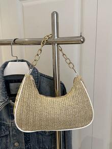 Fashion Solid Color Metal Chain Straw Crescent Women's Multi-Use Handbag Tote Bag Vacation Bag Beach Bag Casual Straw Bag Phone Bag - Khaki - View 9