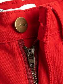 Young Boy Black Denim Shorts With Embroidered Logo, Distressed Wash, Adjustable Elastic Waistband, Stretch Denim Knee Length Pants - Red - View 5