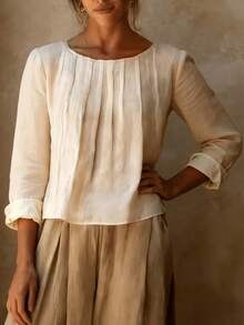 Women's Elegant Pleated Long Sleeve Blouse, Regular Fit Solid Color Top, Suitable For Spring And Autumn Wear, Vintage Style Regular Hem Top - Apricot - View 4