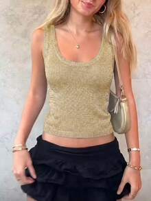 Women's Casual Cute Y2K Sexy Shiny Sequin Knit Tank Top Round Neck Spaghetti Strap Camisole Spaghetti Strap Top Summer Outfit - Gold - View 7