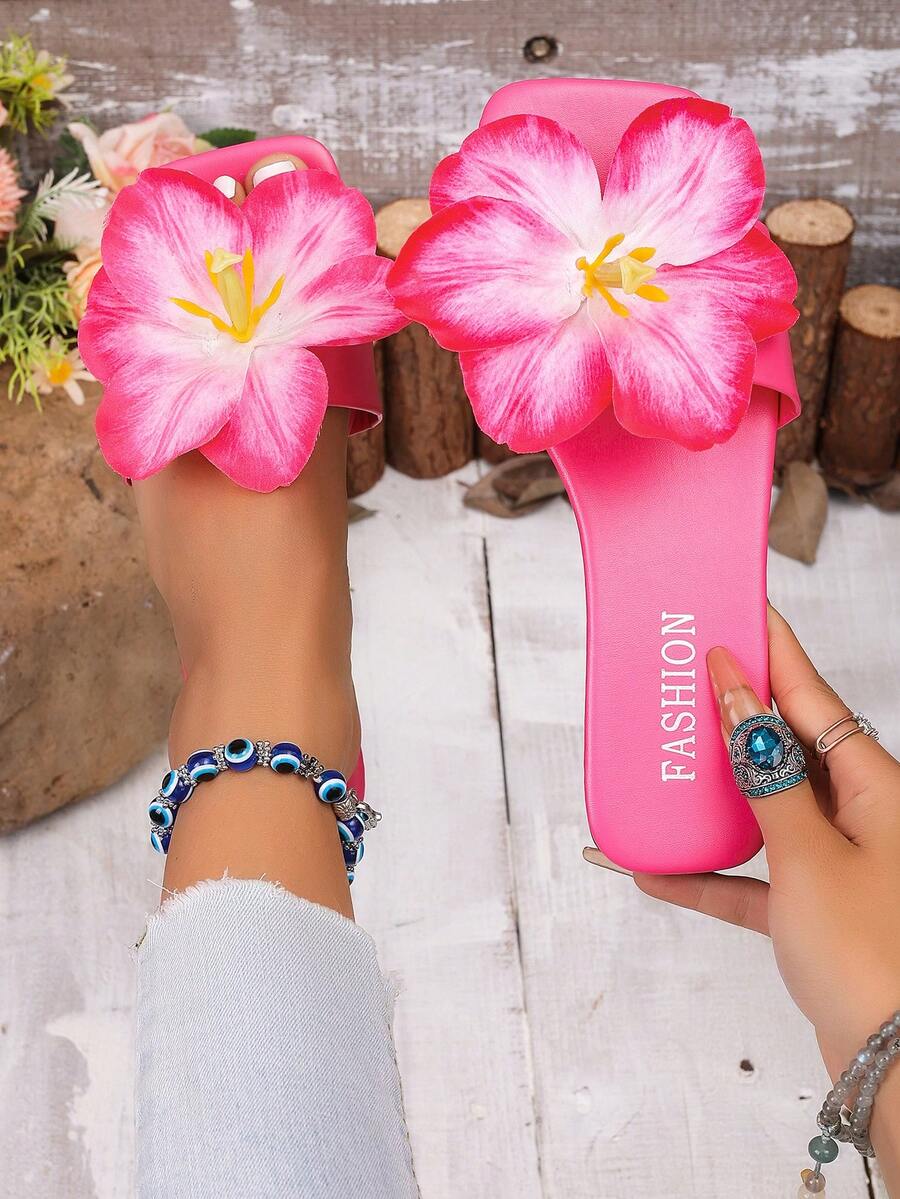 Women's Fashionable Rose Red Floral Sandals, Flat, Square Toe, Non-Slip, Suitable For Outdoor Wear, Vacation, Beach, And Casual Use. Hawaiian Style Floral Sandals, Soft Sole, Non-Slip, Sweet And Casual Sandals For Beach Outings. Simulated Large Floral Decoration Sandals, Rose Pink Flat Square Toe Summer Vacation Sandals. - Rose Red - View 1