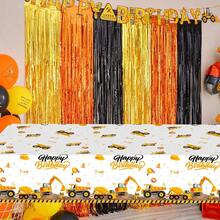 1pc Waterproof Thickened Plastic Dust-Proof Tablecloth, Industrial Engineering Style Yellow & Black Construction Vehicle Print, Rectangular Full-Size Flat Lay Design, Oil-Resistant Easy-To-Wipe Table Cover, Suitable For Engineering Theme Birthday Party, Team Building Gathering, Themed Party Table Decoration - A - View 3