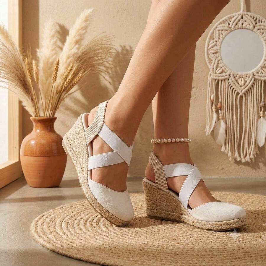 Women's Closed Toe Platform Sandals – Espadrille Wedge Sandals With Crisscross Elastic Ankle Strap Summer Shoes / Wedge Sandals / Espadrille Platform - 白色 - 查看 1