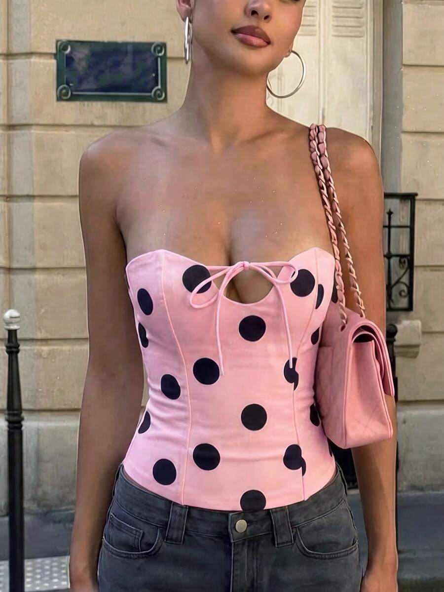 Kliou Polka Dot Strapless Top Women's Summer Fashion Asymmetrical Low-Neck Elegant Y2k Lace Up Corset Beach Basic Tube Top Pink - Pink - View 1