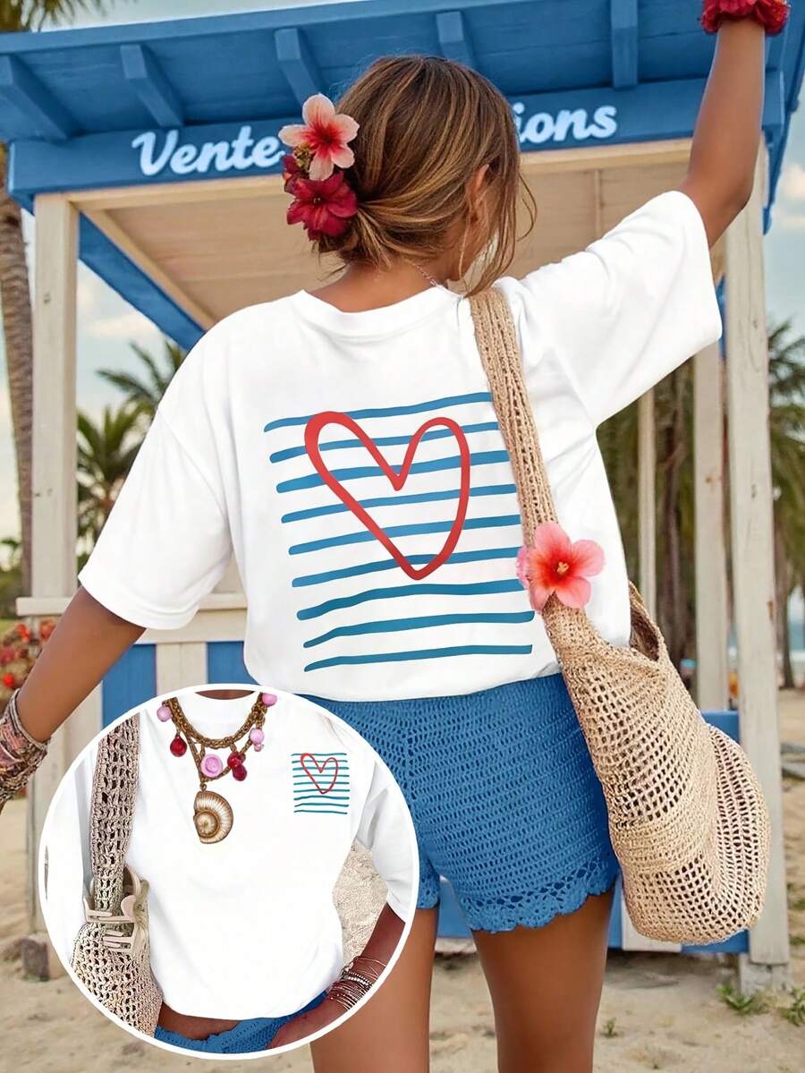 Elegantes Damenmode-T-Shirt für Frühling/Sommer mit Rundhalsausschnitt, vielseitigem Design und einzigartigem gestreiftem Herz-Graffiti-Druck auf beiden Seiten, bequemes und hautfreundliches Freizeit-T-Shirt - Weiss - Übersicht 1