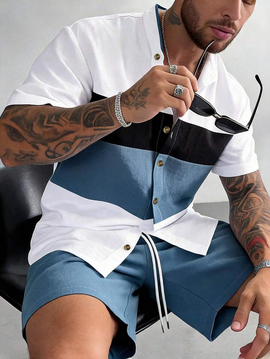 Men's Plus Size Fashion 2pcs Set Solid Color Contrast Collar Open Front Casual Minimalist Versatile Daily Outing Summer Bestseller Preppy Classic Commuter Short Sleeve Shirt And Shorts Set - Blue - View 1