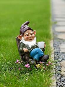 花園小矮人雕像，趣味攀爬搖椅小矮人雕塑，樹脂材質，適合花園、草坪與門廊的戶外裝飾，也是絕佳的節日禮物 - A - 查看 6
