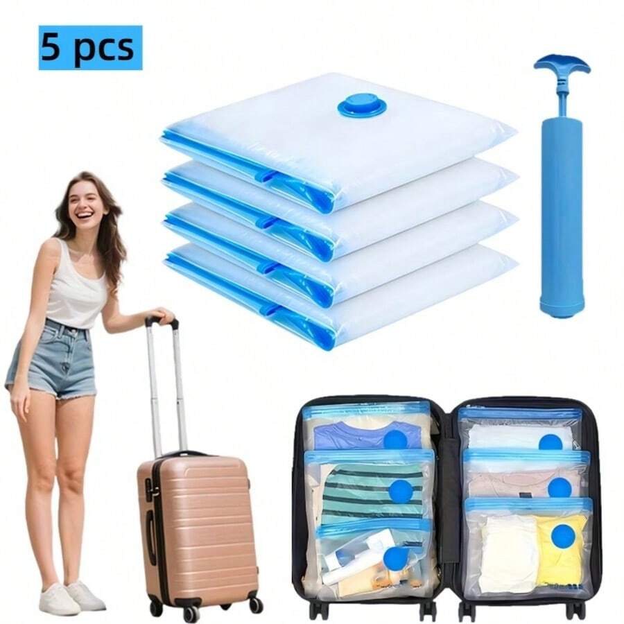 5件組真空收納袋套組（附手動幫浦）- 由高品質材料製成，耐用且省空間，非常適合存放衣物、旅行和整理家具。易於使用，有助於整理與收納。