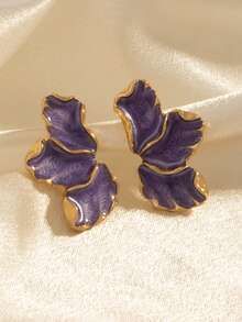 1 Pair Mori Style Maple Leaf & Flower Earrings, Fashionable Light Luxury Versatile Minimalist Colorful Petal Studs - Purple - View 2