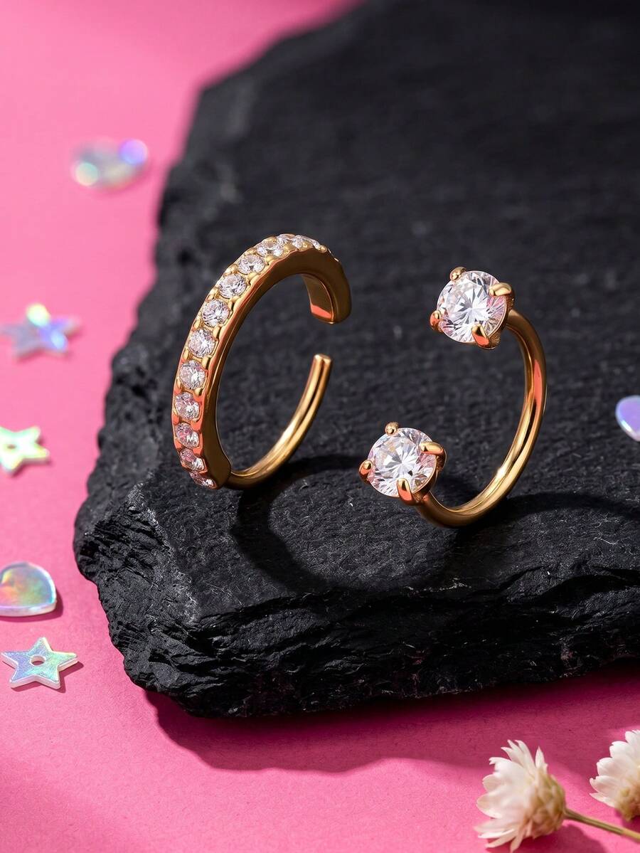 2件組/20G 雙寶石馬蹄形鼻環 女用 透明立方氧化鋯隔珠鼻環 夾式耳環 眉環 唇環 穿刺飾品 - 鼻環 - 查看 1