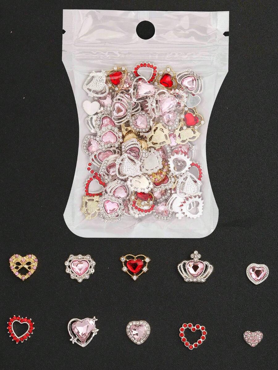 30入隨機心形美甲飾品 3D鑽石合金美甲心形吊墜 珠寶美甲寶石水鑽美甲用品 女款設計 情人節婚禮裝飾 - 淺粉色 - 查看 1