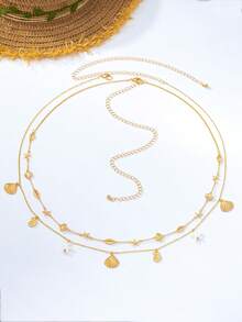 2 piezas Cadena de cintura estilo bohemio de vacaciones serie océano con conchas, estrellas de mar y caracoles para mujeres - Amarillo Oro - Ver 4