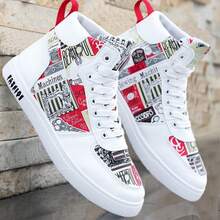 1 Paar Herren Mode High-Top Skateboard Schuhe, Zufälliges Muster Hip-Hop Herren Schuhe, Bequeme Lässige Sportschuhe - Rot-Weiß - Übersicht 2