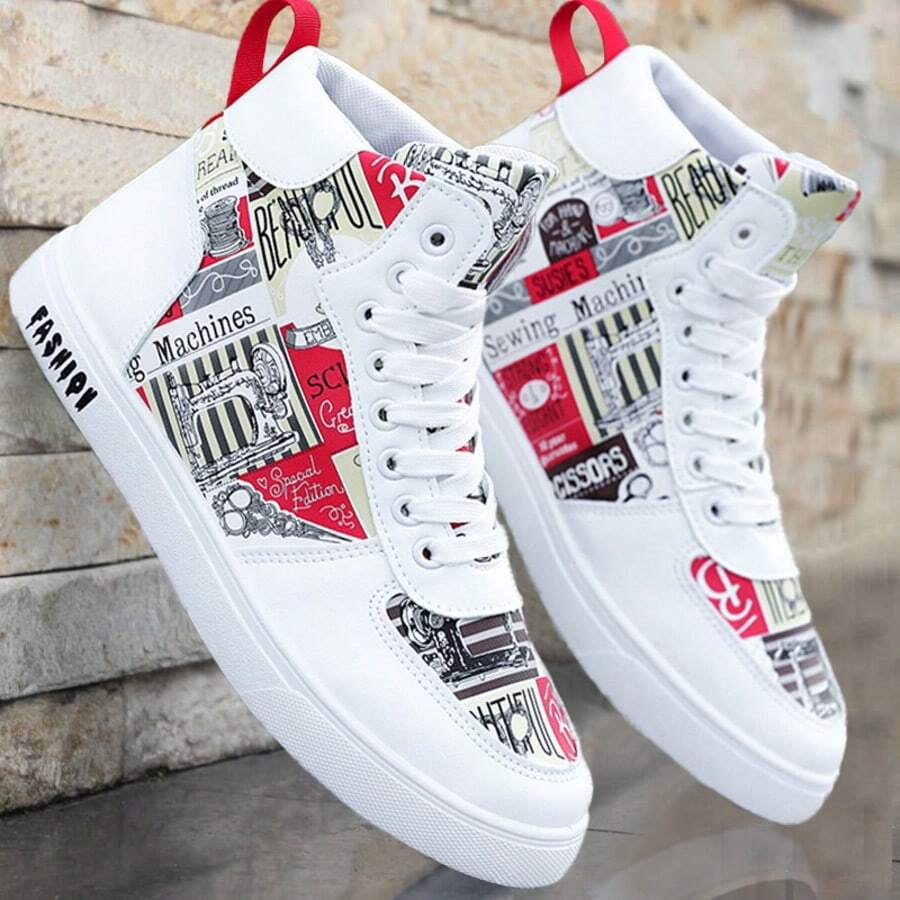 1 Paar Herren Mode High-Top Skateboard Schuhe, Zufälliges Muster Hip-Hop Herren Schuhe, Bequeme Lässige Sportschuhe