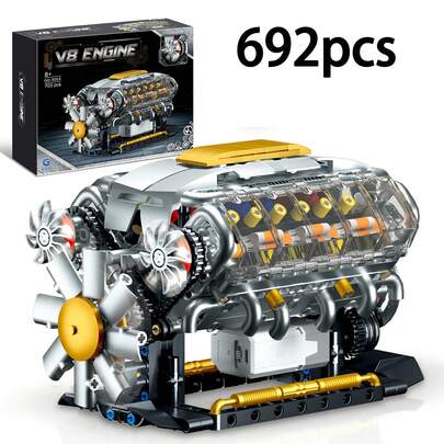 Creative Supercar V8 Engine Building Blocks Toy, V8 Engine Model Assembly Toy, Self-Buildable MOC Mini V8 Engine Model Toy, Adult STEM Assembly Project, Physical Science Educational Toy Birthday Gift, 692 Piece Building Blocks Toy