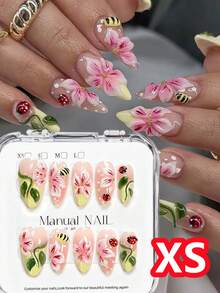 10入 春季可愛瓢蟲蜜蜂花卉杏仁形假指甲 XS/S/M 中號裸粉色杏仁形穿戴式甲片 全覆蓋雕花美甲指尖 - 彩色 - 查看 11