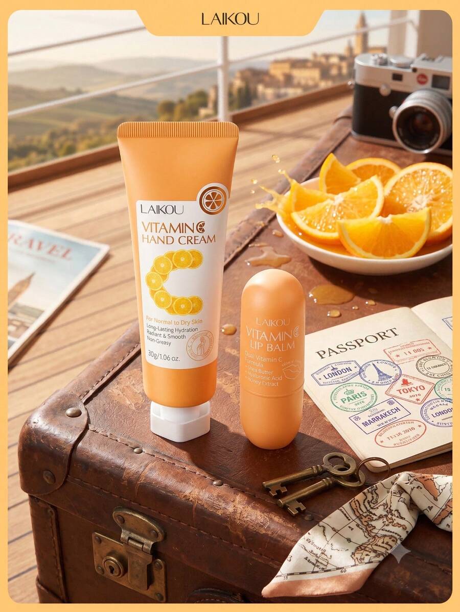 LAIKOU 1組 Laiku VC 深層滋養旅行套組 (維生素C護手霜 30g + 維生素C護唇膏 3.5g)，適合旅行、露營、健行、登山、戶外活動，女性與女孩禮物，適用於所有膚質，彩妝 - 維生素 C - 查看 1