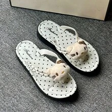 SANRIO 女款可愛 Hello Kitty 厚底夾腳拖鞋，藍色波點豹紋蝴蝶結防滑坡跟涼鞋，夏季海灘戶外拖鞋 - 人字拖 - 查看 6