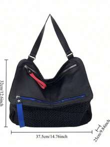 Ladies' Large Capacity Black Shoulder Bag, Sports Style Mesh Splicing Tote Bag, Contrasting Zipper Details - Black - View 2