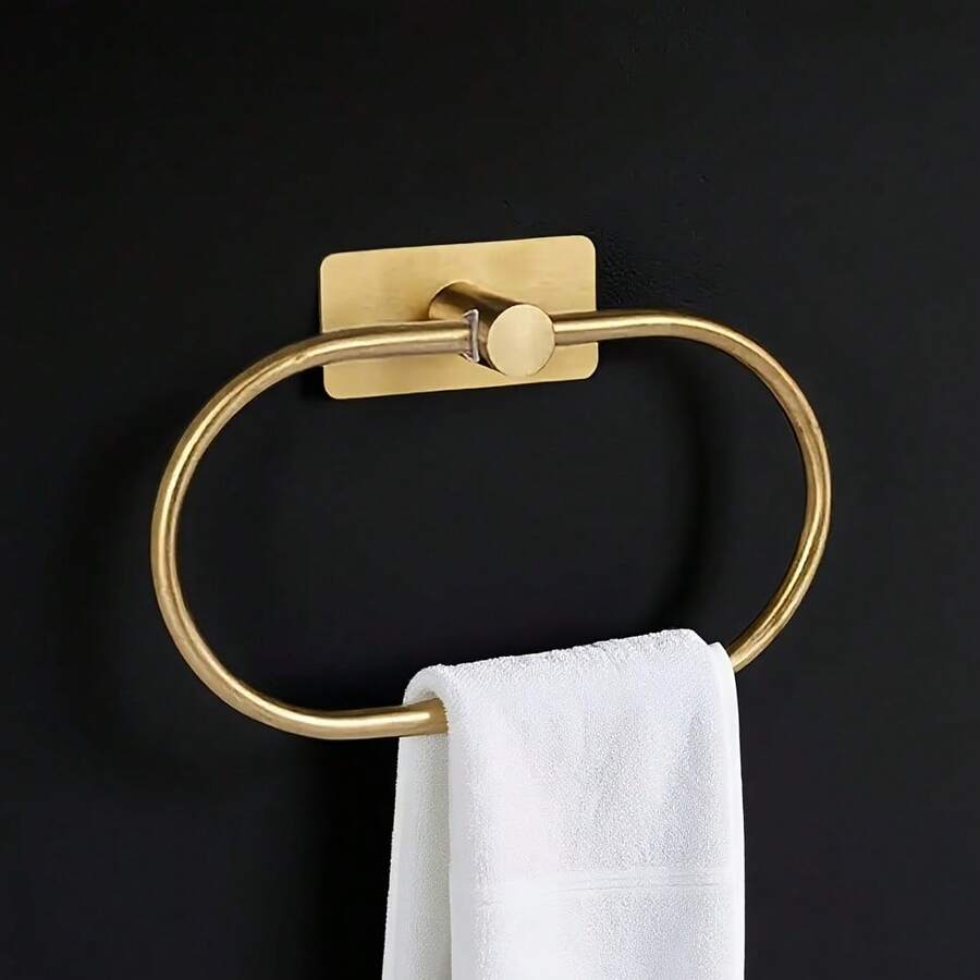 1 pieza Toallero de acero inoxidable, aro para toallas, decoración de baño, accesorios de baño, plegable hasta 180 grados, sin taladro, instalación montada en la pared sin dejar marcas, respaldo adhesivo fuerte, adecuado para almacenamiento de toallas, almacenamiento de toallas de baño, organización de baño, accesorios de baño, toallero - regalo perfecto para Navidad y Halloween