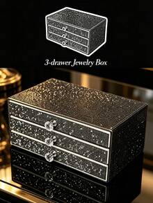 1 pieza Caja de joyas con 3 cajones y strass, caja de almacenamiento de joyas multifuncional de gran capacidad, caja de almacenamiento lujosa y brillante, organizador de joyas, caja de joyas decorativa, joyas, regalo, distribución, caja, caja de almacenamiento de accesorios, regalo para mujeres, regalo para regreso a clases - Negro - Ver 13