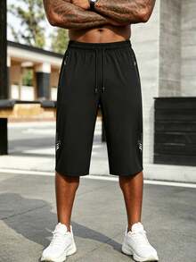 3 piezas Pantalones cortos de verano de 3/4 de largo para hombre talla grande, pantalones casuales con cintura elástica y cordón, pantalones deportivos con bolsillo con cremallera, adecuados para correr y fitness - Multicolor - Ver 9