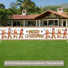 2D Plane Christmas Gingerbread Man Banner Background, White Background Color, Cute Gingerbread Man Wearing A Red Hat And Colorful Letters. Made Of Polyester Material, It Is Durable And Does Not Require Power Supply. - View 4