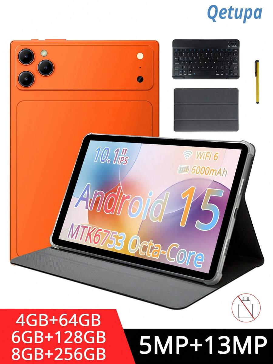 Qetupa Android 15 10.1 Inch Tablet PC, With Protective Case, Keyboard And Mouse, 8GB RAM + 256GB ROM (Support 1TB SD Card Expansion), MTK6771 Octa-Core 2.0GHz Processor, HD (1280x800) IPS Touchscreen, 5MP Front Camera And 8MP Rear Camera, 6000mAh Battery, Bluetooth 5.2, 802.11ax Wi-Fi 6, GPS, Type-C Charging Port - Orange - View 1