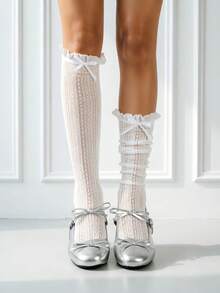 1/3 Pairs Spring/Summer Ultra-Thin Lace Trim Socks, Sheer Women's Mid-Calf Socks, Decorative Socks For Leather Shoes, Romantic Bow Calf Socks, No Heel Socks, Straight Socks - Multicolor - View 2