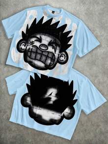 Manfinity Roghcode Men's Oversized Distressed Funny Diamond Teeth Tattoo Big Face Allover Print Cropped Loose T-Shirt (High Quality) - Baby Blue - View 18