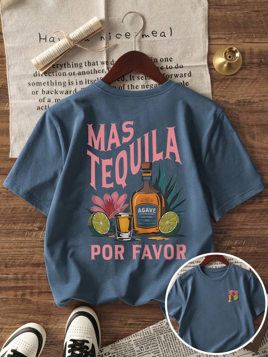 Men's Retro Mexican Style Printed Short Sleeve T-Shirt, Comfortable & Breathable, Suitable For Summer, Leading Fashion - Dusty Blue - View 1