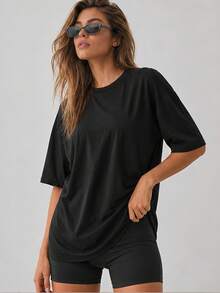 Nonwe Women's Loose Oversized Drop Shoulder Black Solid Color T-Shirt Short Sleeve Round Neck Top Summer Casual Shirt Y2K 2026 Basic Style - Black - View 5