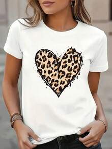 Women'S Casual Crew Neck T-Shirt With Leopard Print Heart Design, Short Sve, Regular Fit, Black With Color Block Detail, Leopard Print Clothing| Fashionfoard Top| Stylish Sveless Tee - 白色 - 查看 1
