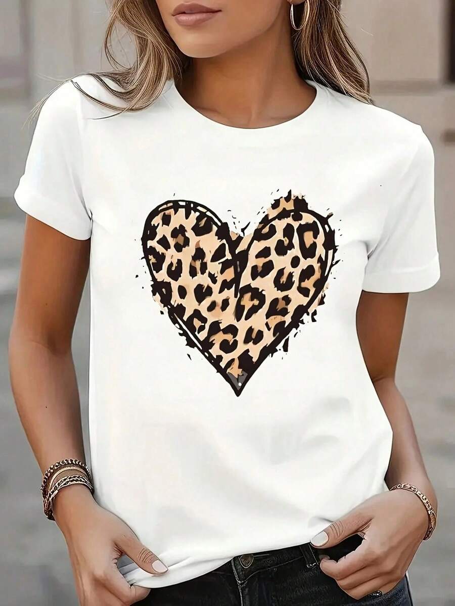 Women'S Casual Crew Neck T-Shirt With Leopard Print Heart Design, Short Sve, Regular Fit, Black With Color Block Detail, Leopard Print Clothing| Fashionfoard Top| Stylish Sveless Tee - 白色 - 查看 1
