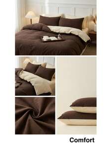 Blue And White Color Block Washed All Skin-Friendly Duvet Cover 3 Pieces Set - Coffee Brown - View 5
